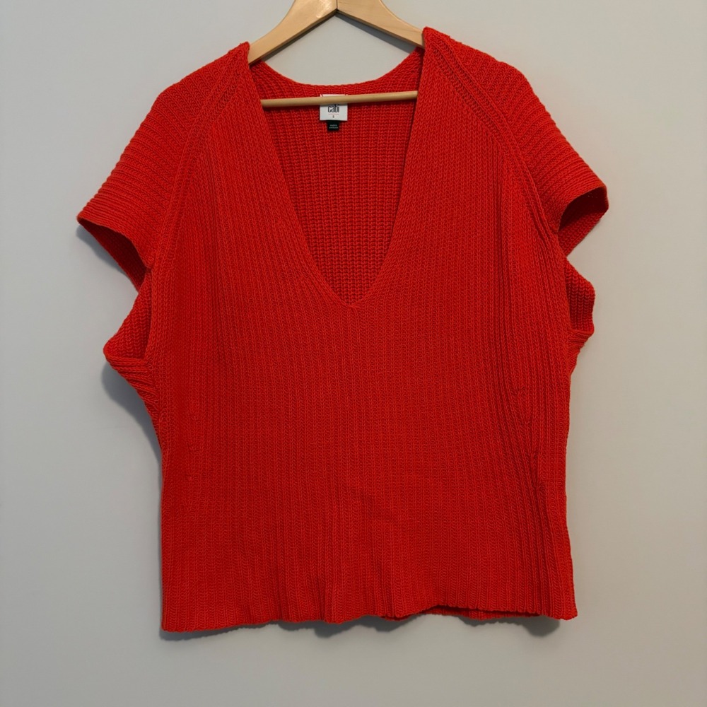 Cabi 5837 Red V-Neck Ribbed Knit Cap Sleeve Sweater Vest Small